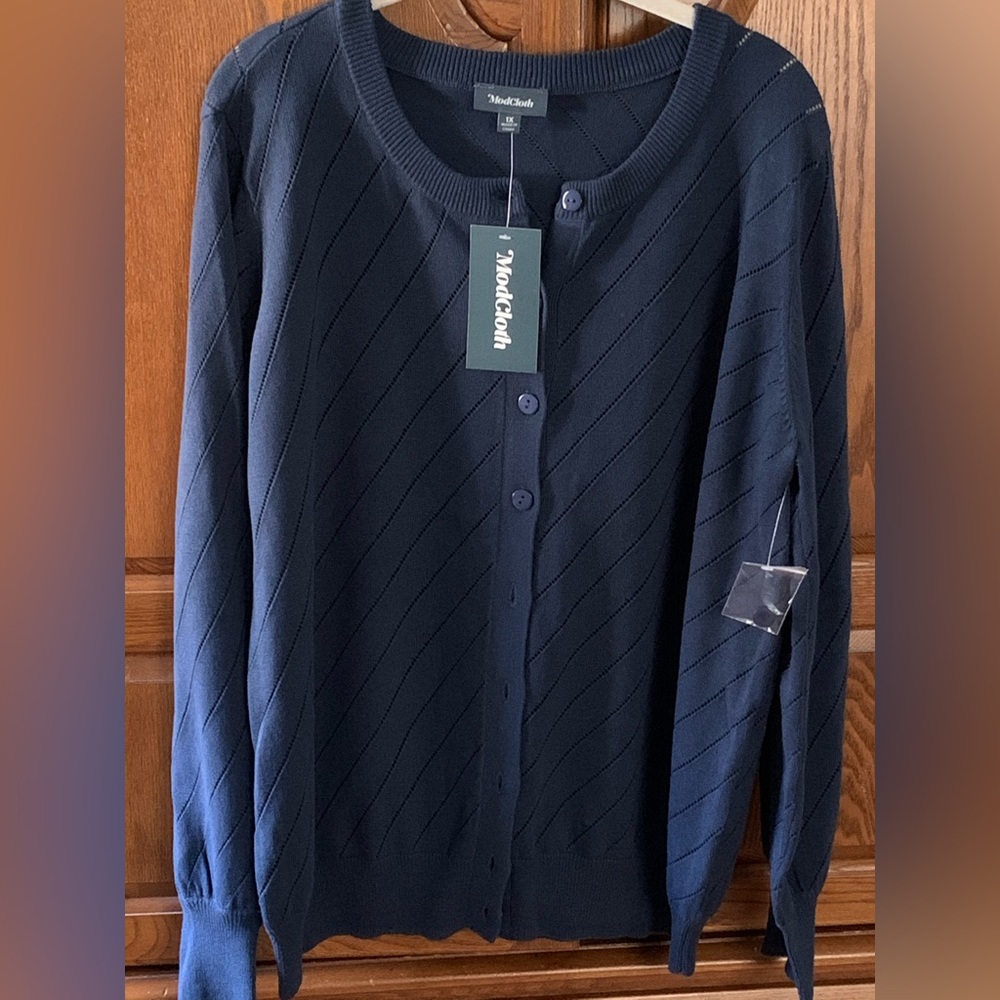 ModCloth Navy Blue Diagonal Ribbed Button-Up Cardigan - Picture 2 of 2